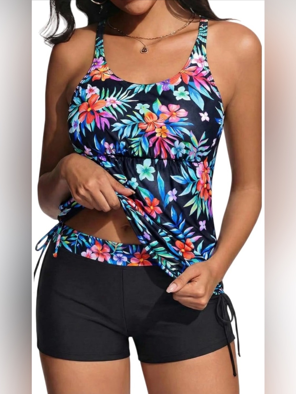 0055: Tankini with Shorts - Two Piece Tummy Control Side Tie Top with Boy Short